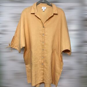 Sigrid Olsen 100% Linen Yellow Button Blouse Size M Collar Pocket Coatal Resort